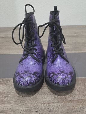 Hand Crafted Purple W/ Black  Lace-Print Lace-Up Women's Boots Victorian, Goth 8